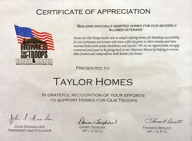Homes For Our Troops Certificate
