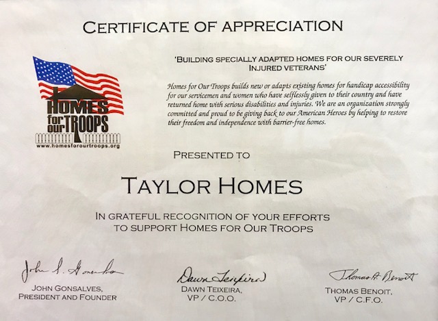 Community Involvement 15 Homes For Our Troops Certificate