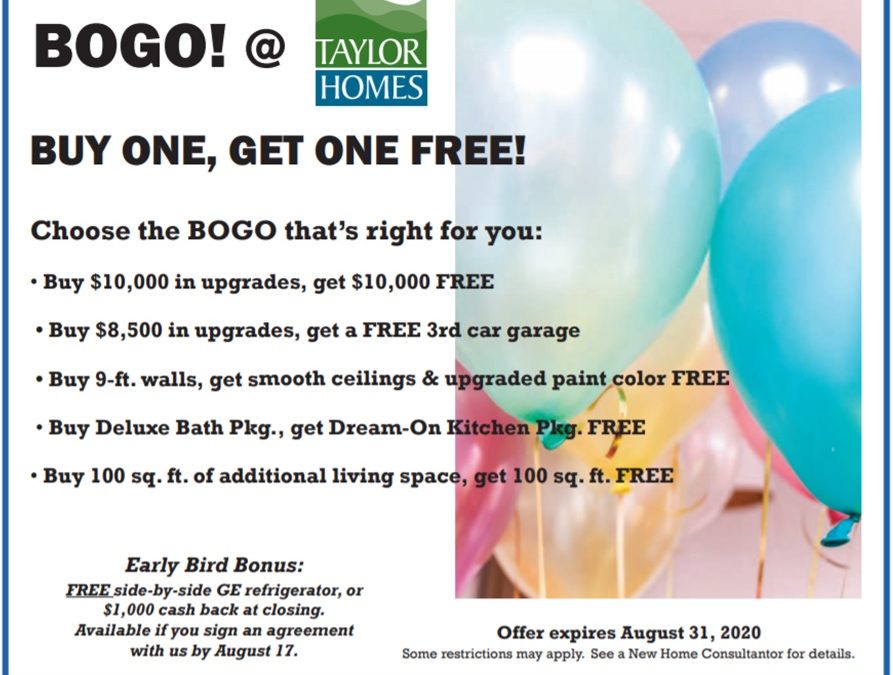 BOGO August Deals | August 2020 Specials | Taylor Homes